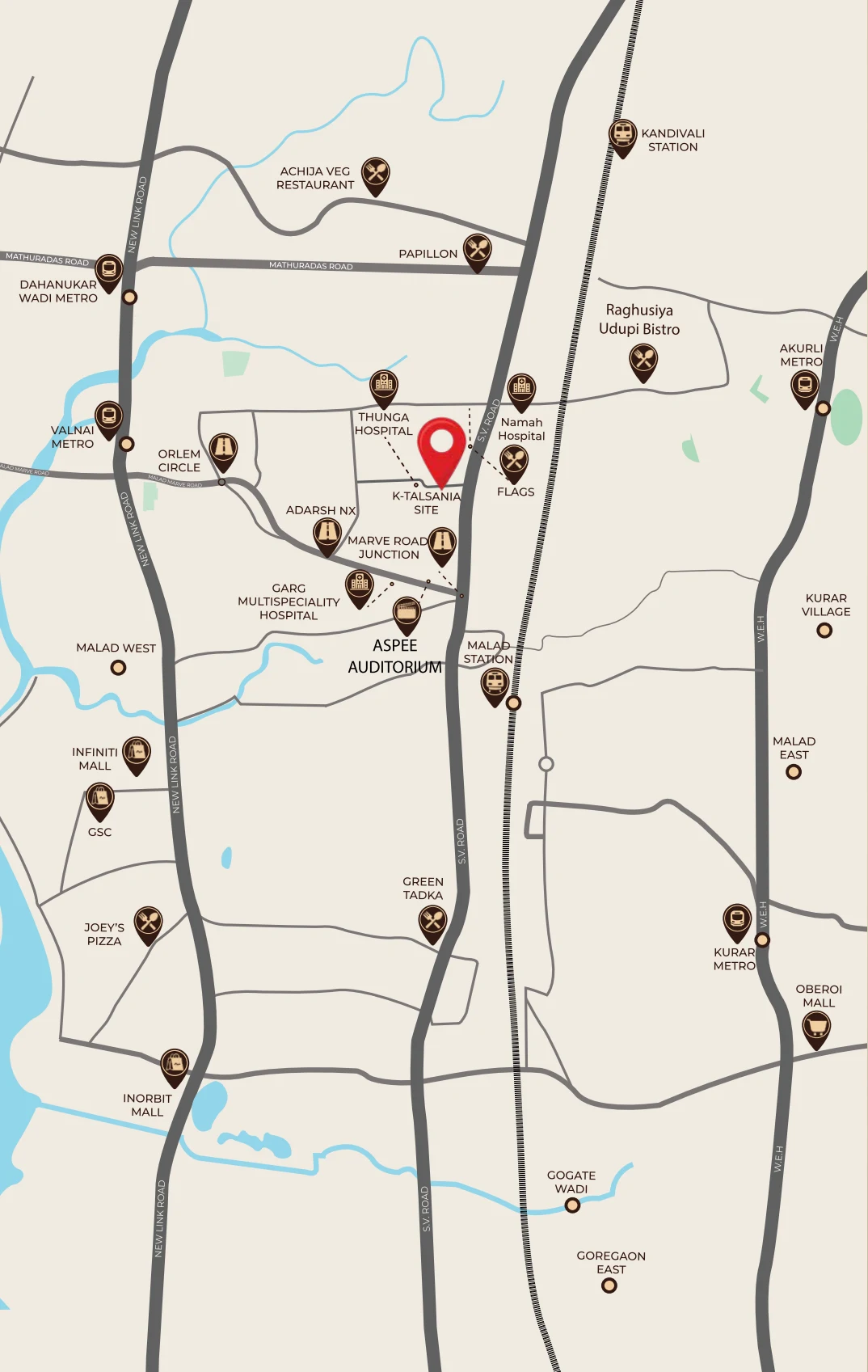 Official brochure neighbourhood map showing Talsania Chambers, S.V. Road, Malad railway station and nearby metro stations