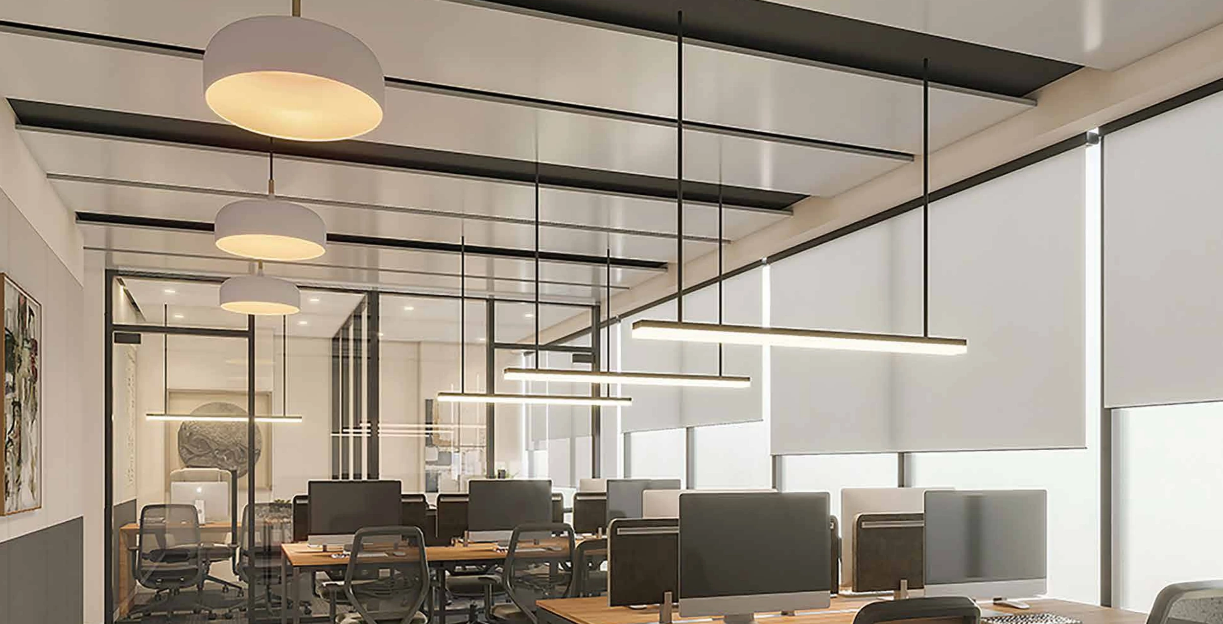 Brochure artistic impression of office workstations and glass-partitioned cabins; fit-out is illustrative