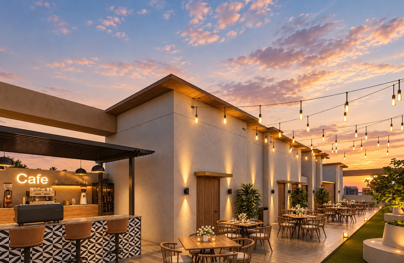 AI-enhanced artistic impression of the rooftop cafe and sit-out